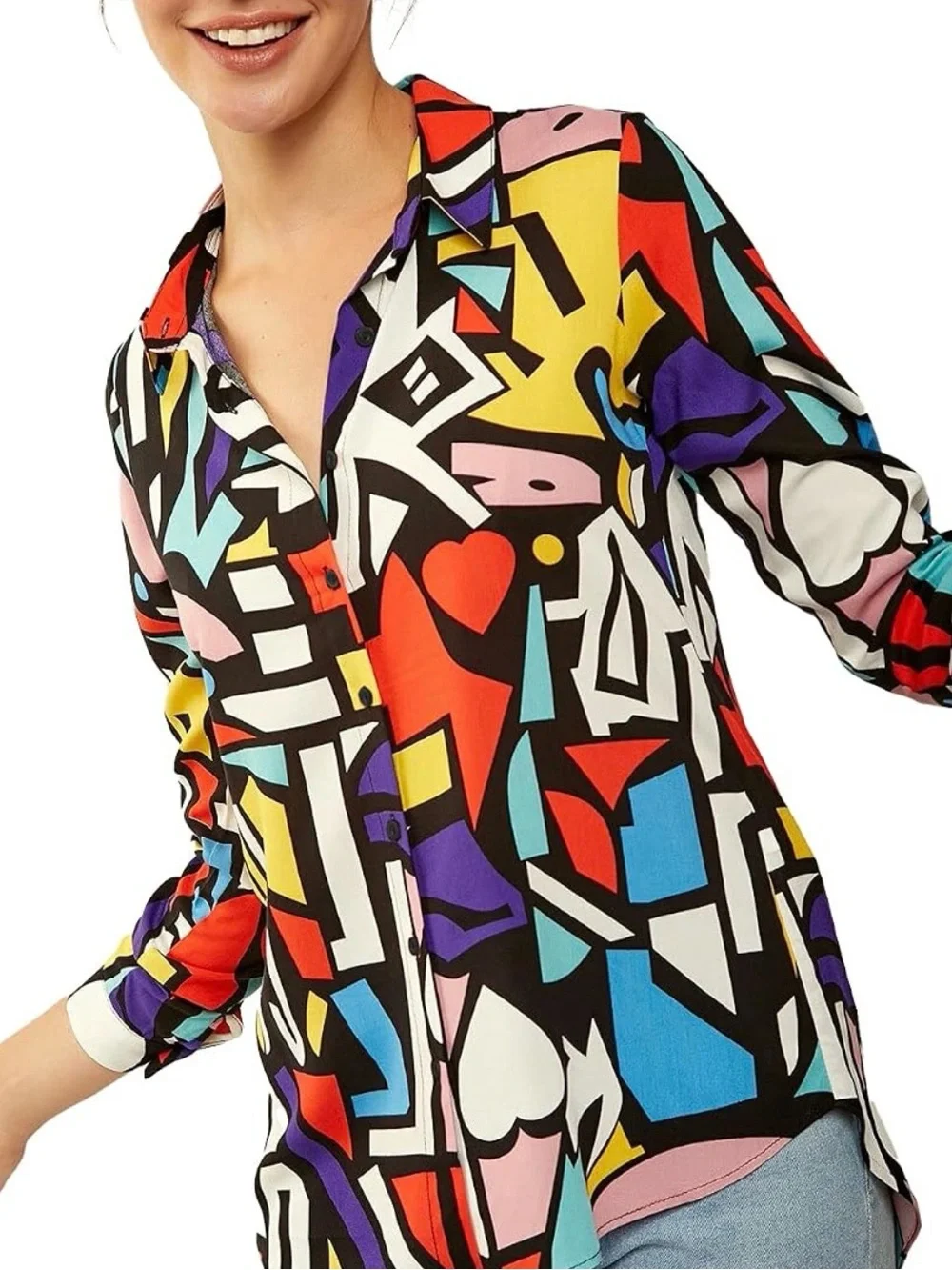 Abstract Multi-Color Button-Up Blouse - Women Tops